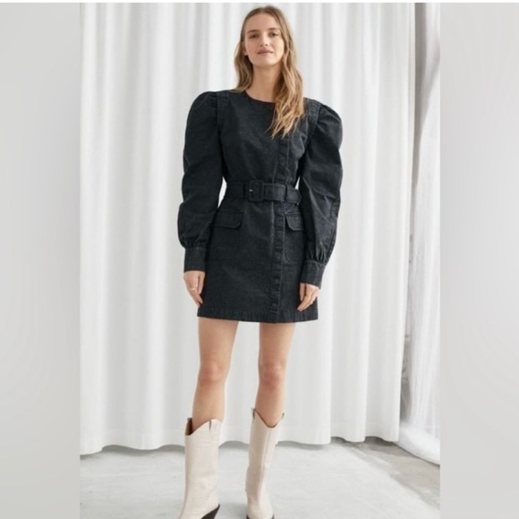 & Other Stories Black Acid Wash Denim Belted Long Puff Sleeve Mini Dress US 6 - Picture 4 of 5